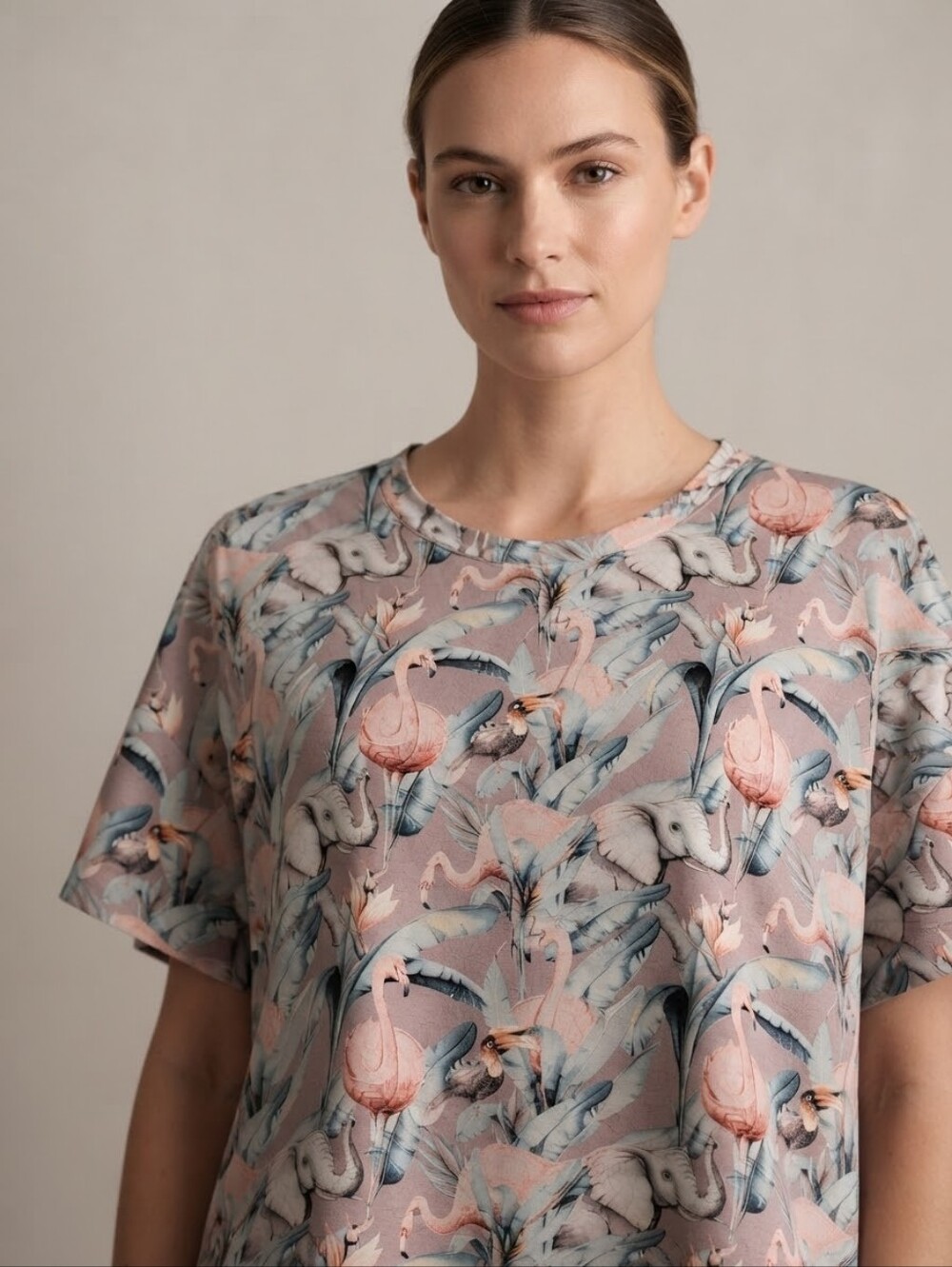 ROZO Tropical Elephant & Flamingo Print Short Sleeve Top – Size M